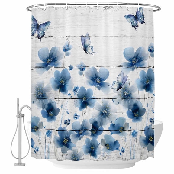 Navy Blue Floral Shower Curtain Set - 72" x 78" Washable Bathtub Curtain with 12 Hooks, Spring Flowers Butterflies Wooden Waterproof Fabric Stall Shower Curtains for Bathroom/Bathtub Décor