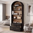 thumbnail image 3 of Fnova 76.8" Tall Arched Bookcase, 5-Tier Bookshelf with File Cabinet Drawer, Large Open Display Storage Shelves for Home Office, Living Room, Black, 3 of 15