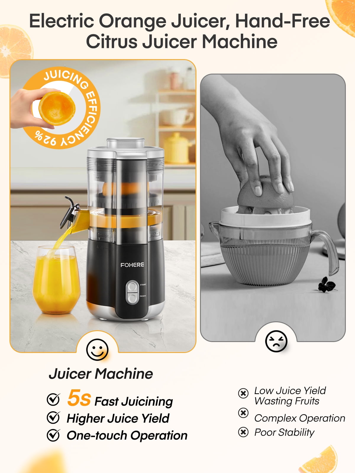 FOHERE Citrus Juicer Electric, Hand-Free Orange Juicer Machine with 2 Interchangeable Cones, ideal for Orange, Lemon, Grape, Pomegranate
