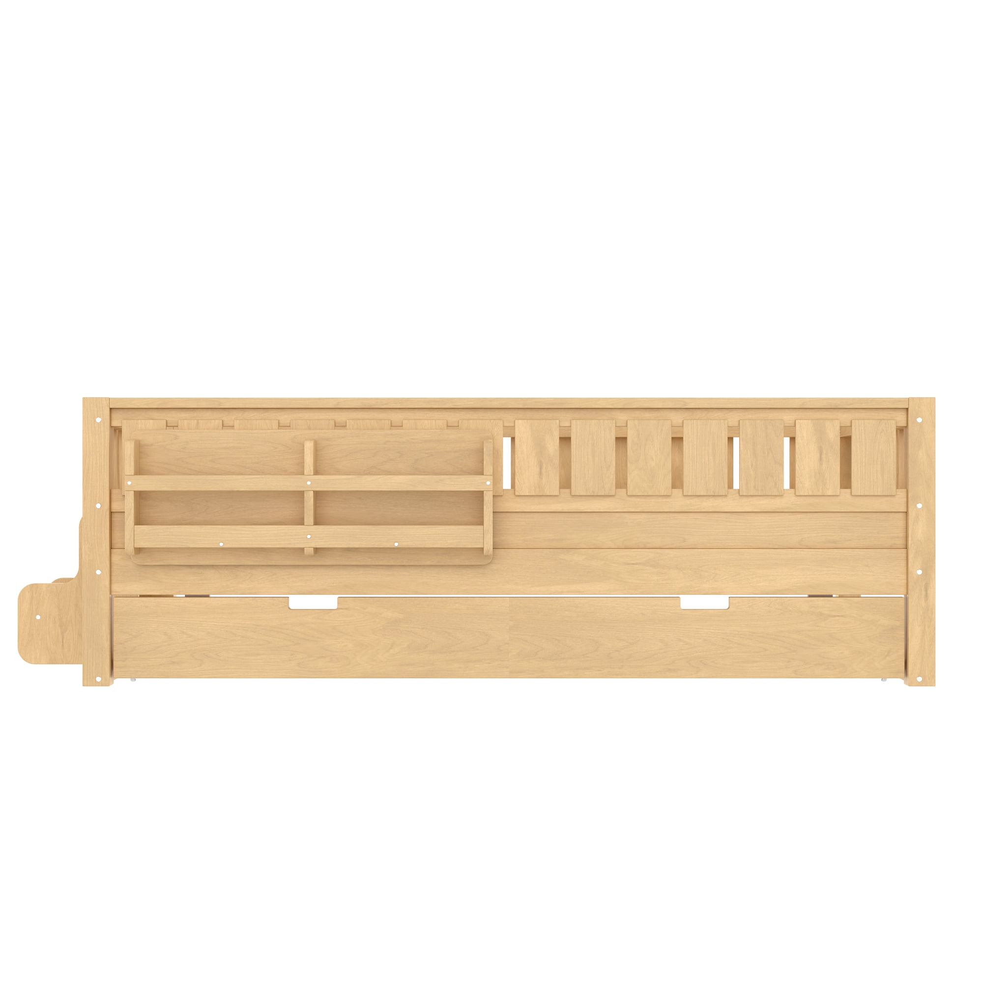 Twin Bed with Bookshelf and Trundle 79.1 Inch, Solid Wood Frame with Staircase and Safety Rails, Space-Saving Kids Bed with Storage, Light Natural