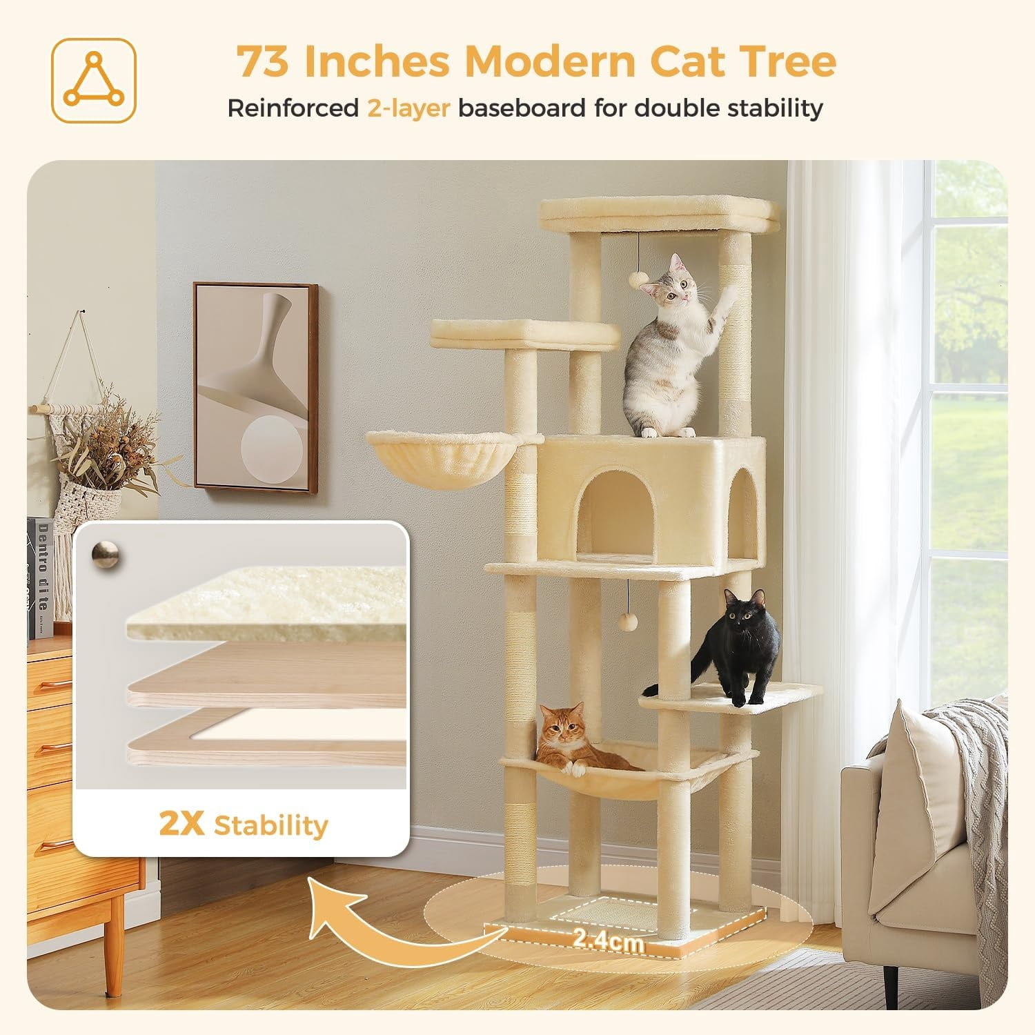 Large Cat Tree, 73 Inches Tall Cat Tower with 1 Large Padded Perch,2 Spacious Hammocks,8 Long Scratching Posts, XL Plush Cat Condo for Indoor Adult Cats,Beige