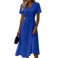 thumbnail image 3 of Summer Solid Dresses for Women 2026 - Boho Madi Dress Short Sleeve V Neck Below the Knee Dressy - Casual Sundresses Beach Vacation Outfits Dark Blue XXXL, 3 of 6