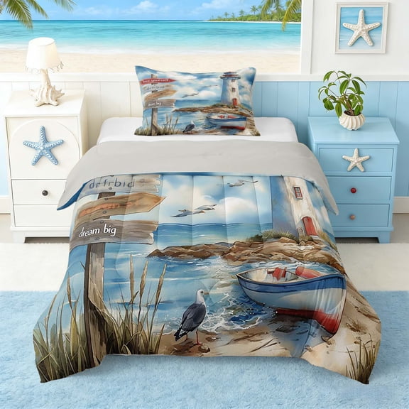 Manfei Watercolor Lighthouse Beach Twin Comforter Sets for Kids Boys and Girls, Nautical Bedding Set, Gray Reversible 2 Pieces, 1 Comforter and 1 Pillowcase