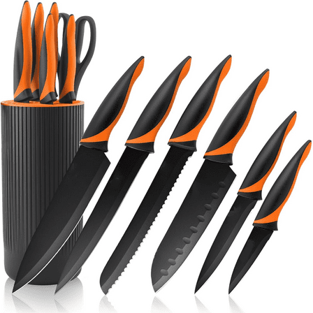 Kitchen Knife Set, 8 Pieces Anti-Rust Black Knife Set, Non-stick Coating Stainless Steel Chef Knife Sets with Universal Knife Block for Kitchen Dishwasher Safe