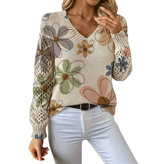 Multicolor Sweaters for Women's Spring and Autumn Winter New Knitted Sweater Style V Neck Hollow Long Sleeve Solid Color Casual Sweater Womens Fall Fashion 2025
