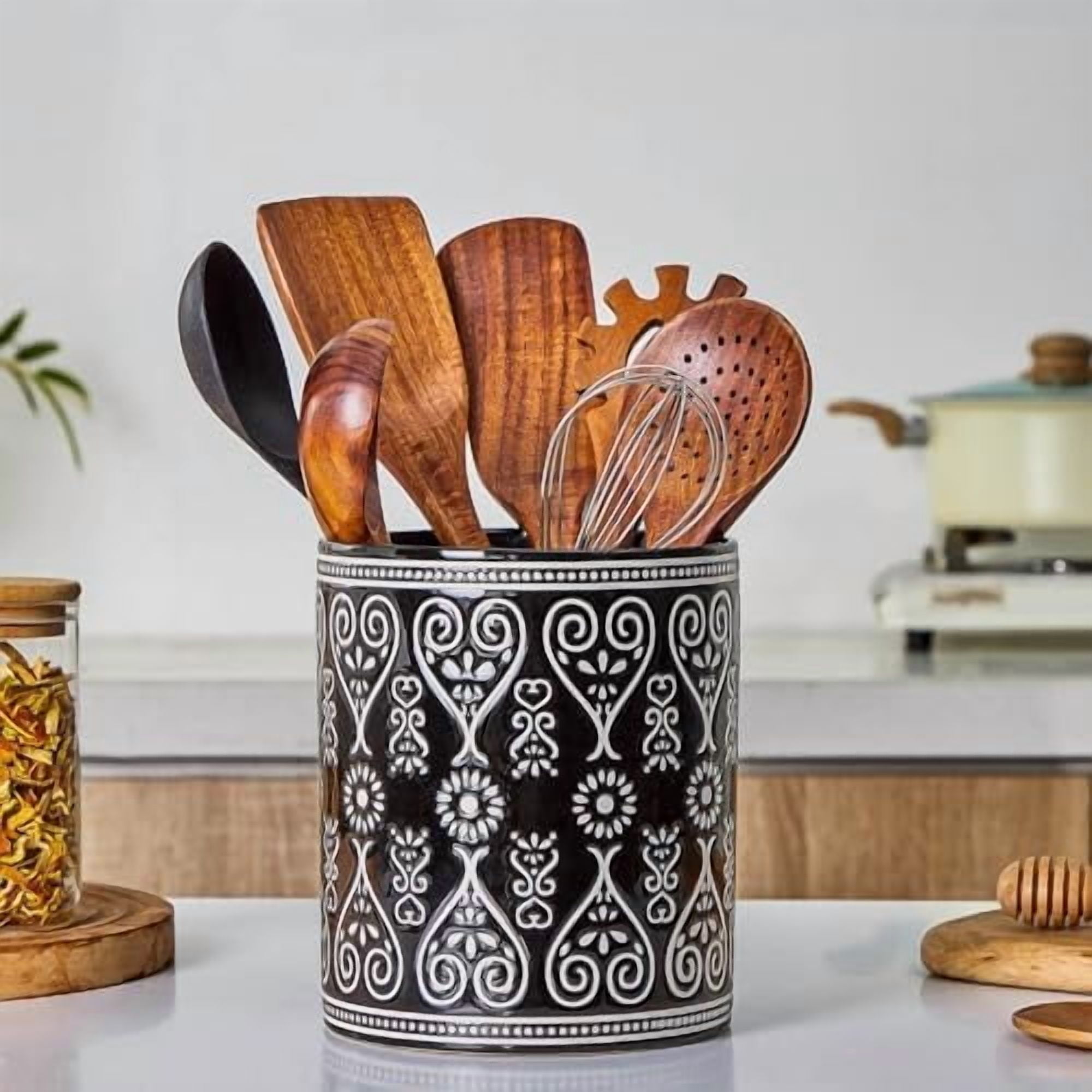 Black Heavy Ceramic Utensil Holder, 7" Extra Large Kitchen Utensil Holder for Countertop, Cooking Ceramic Crock for Farmhouse Kitchen Decor
