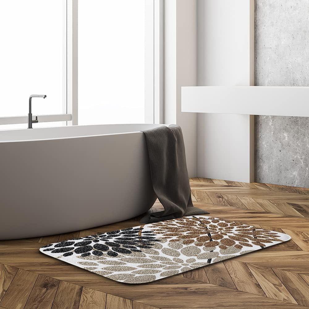 Brown and Black Dahlia Bathroom Rug Bath Mat Elegant Geometric Floral Non Slip Doormat Water Absorbent Area Rugs Carpet Thick Plush Door Mats Kitchen Bathtub Shower Floor Mats, 19.5x31.5 Inch