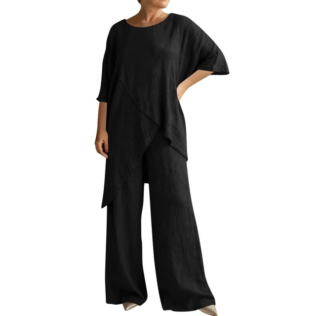 RKSTN Ensembles Deux Pièces pour Femmes en Lin Flammé à Manches Courtes Col Ras du Cou Ourlet Asymétrique Ensembles Assortis Vêtements pour Femmes