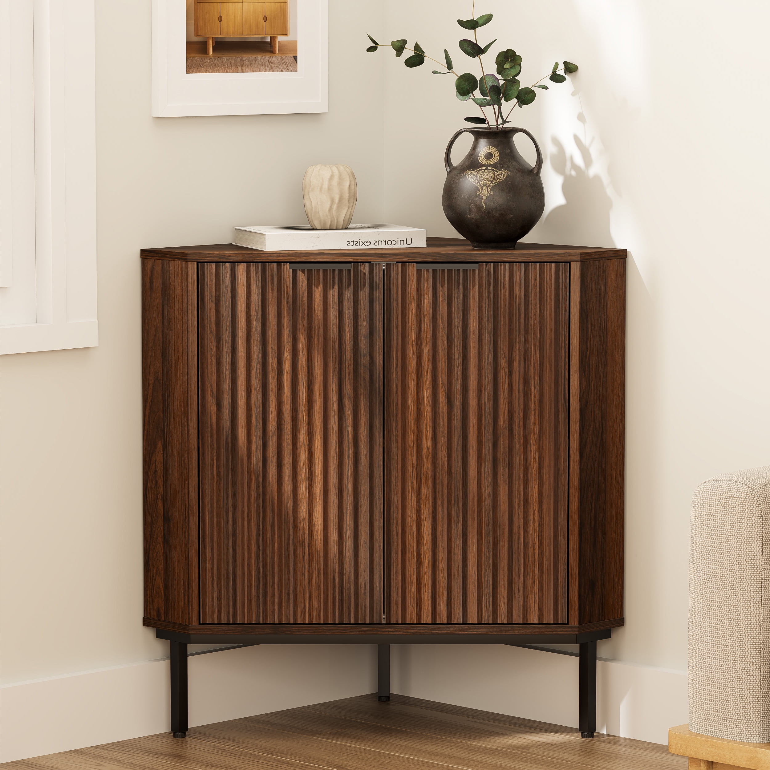 Joyyskill Modern Corner Cabinet, Fluted Small Floor Storage Cabinet with Adjustable Shelf, Freestanding Narrow Organizer for Living Room, Natural Oak
