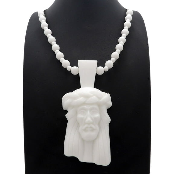 Hip Hop Rapper Style White Jesus Head Pendant & 8mm 36" Plastic Bead Chain Necklace Jewelry Accessory for Men