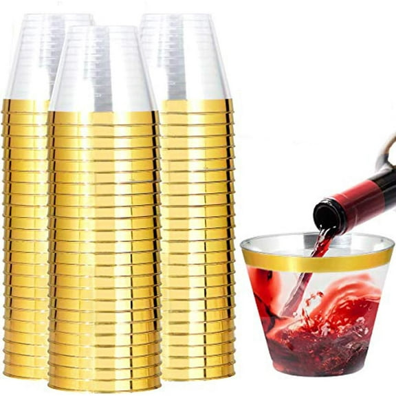 AllWays Plaza 200Pack Gold Plastic Cups,9 Oz Elegant Clear Plastic Cups Gold Rimmed Disposable Wine Glasses Fancy Disposable Party Cup Wedding Cup Drinking Tumblers Cocktail Glasses Perfect for Party