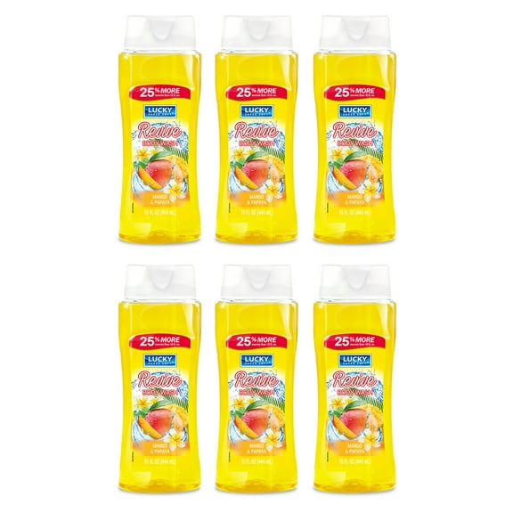 Lucky Super Soft Revive Body Wash. Soothes, Softens and Moisturizes Your Skin. Mango and Papaya Fragrance. 15 fl.oz / 444 ml. Pack of 6