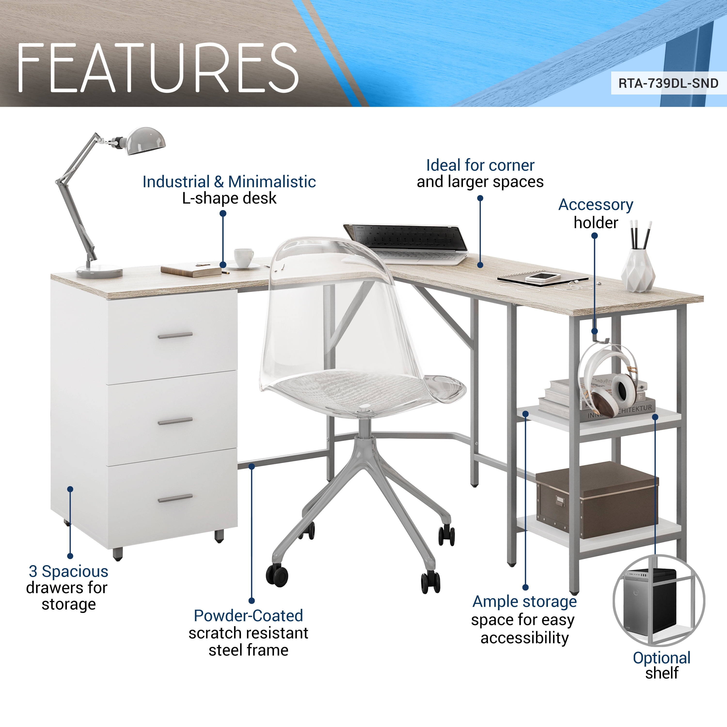 Techni Mobili L-Shape Home Office Desk with Storage, Sand RTA-739DL-SND