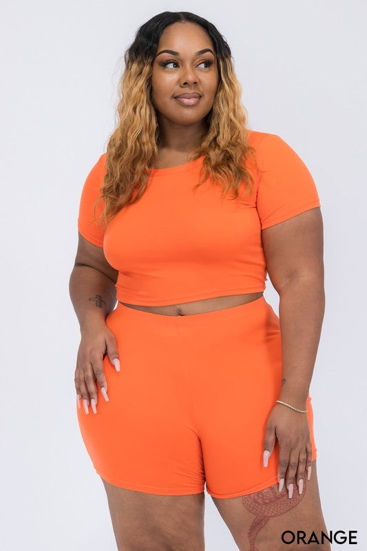 Plus Size Short Sleeve Crop Top u0026 Biker Shorts Set - Walmart.com