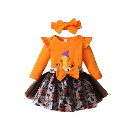 

Pudcoco Baby Halloween Sets Long Sleeve Letter Print Romper Tulle Skirt Headband