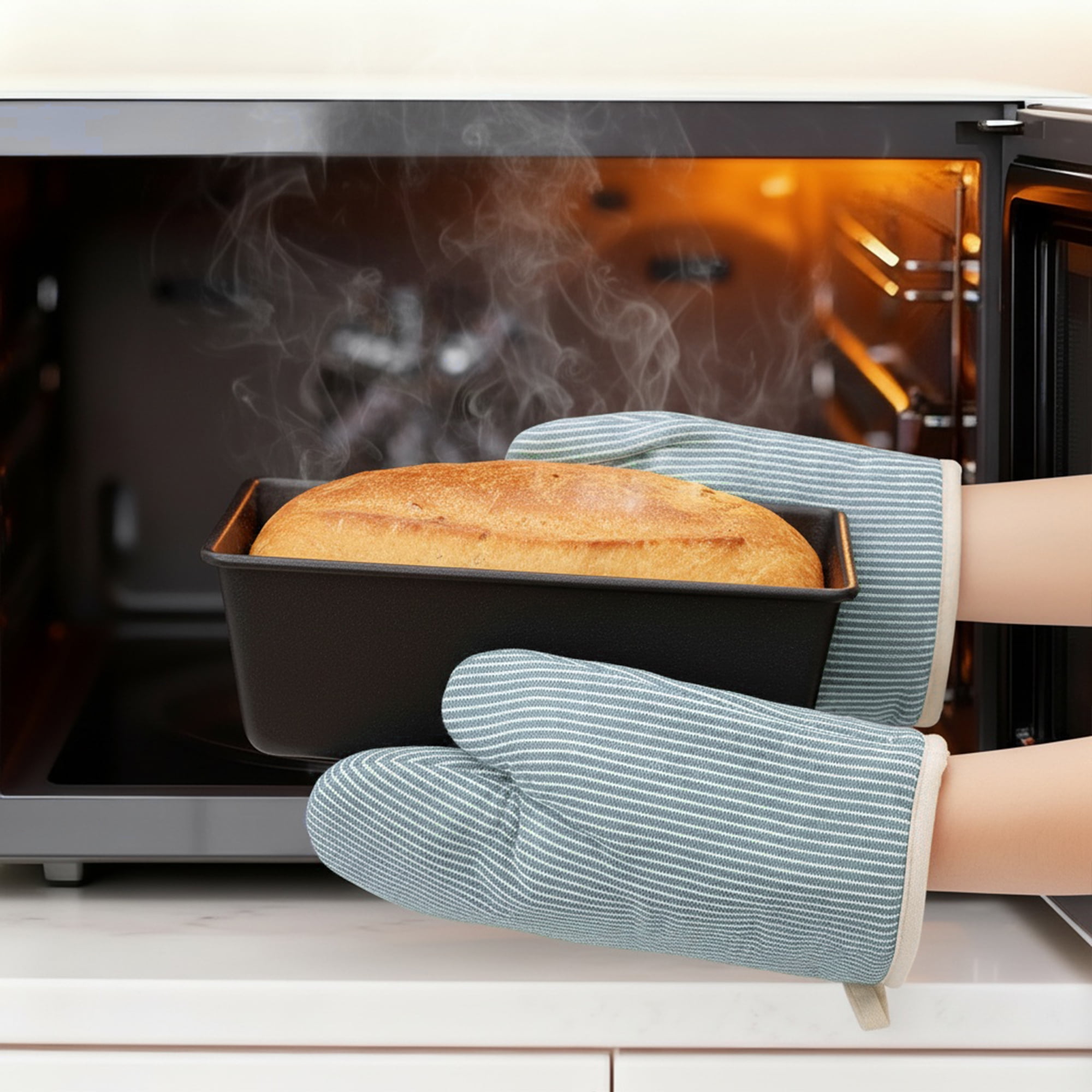 Unique Bargains Heat-Resistant Cooking Gloves Thick Cotton Lining Light Blue 10.2x7.5inch