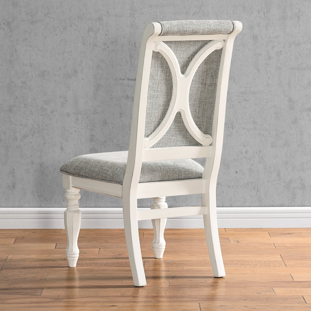 Roundhill Furniture Belleza Antique White Solid Wood Upholstered Dining Chairs, Set of 2