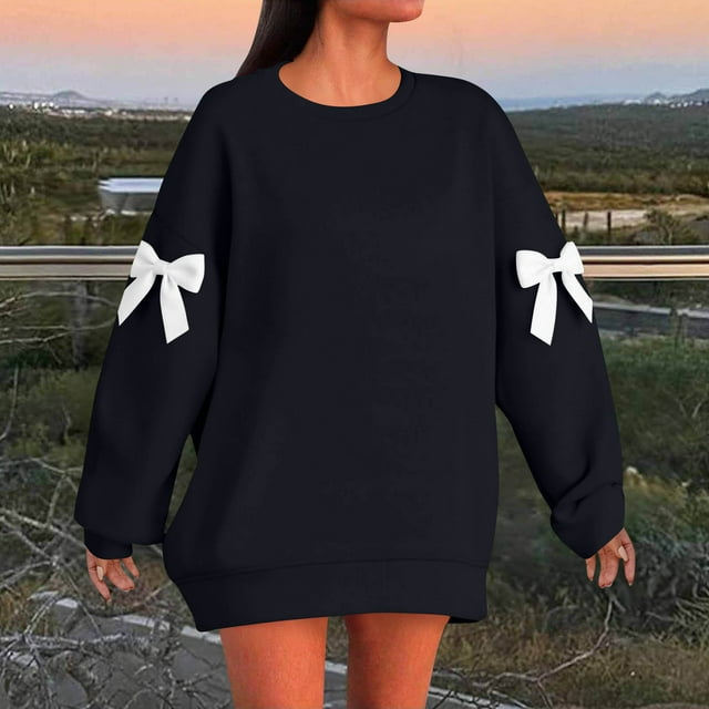 Timegard Chandails en Molleton Grande Taille pour Femmes Col Rond Manches Longues Chandail Mignon Ample Nœud Papillon Hauts Surdimensionnés