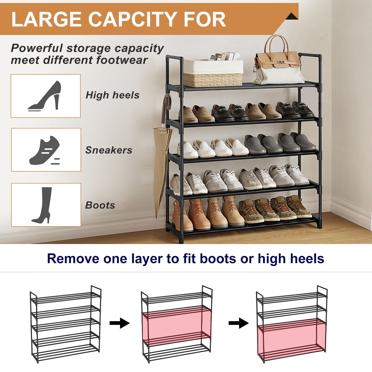 Dropship 5 Tiers Plus 3 Tiers Shoe Rack Metal Shoe Storage Shelf Free  Standing Shoe Stand 16+ Pairs Shoe Tower Unit Tall Shoe Organizer With 2  Row Hooks For Entryway Closet Garage