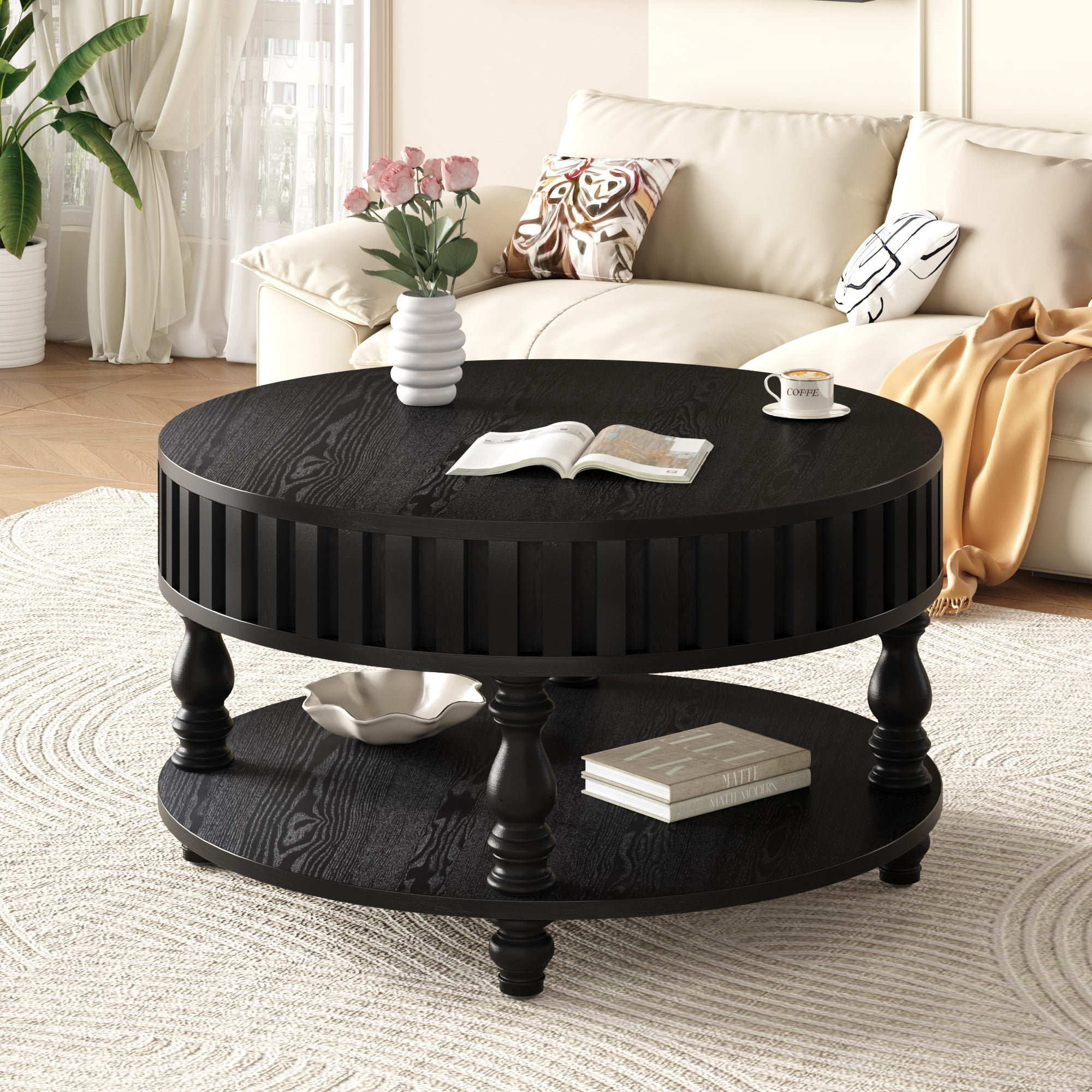 Fluted Coffee Table with Storage, 31.5" Round Coffee Table with Flip Top Lid and Shelf, Mid Century Modern Center Table for Living Room, Black