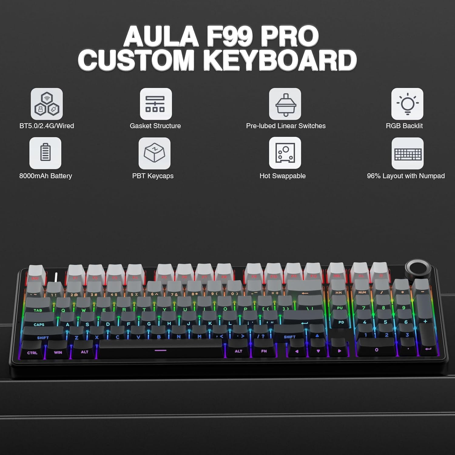 F99 Pro Wireless Mechanical with Knob,Gasket Structure,Tri-Mode BT5.0/USB-C/2.4GHz Hot Swappable ,Creamy Sound,RGB Backlit PBT Keycaps Computer Gaming s