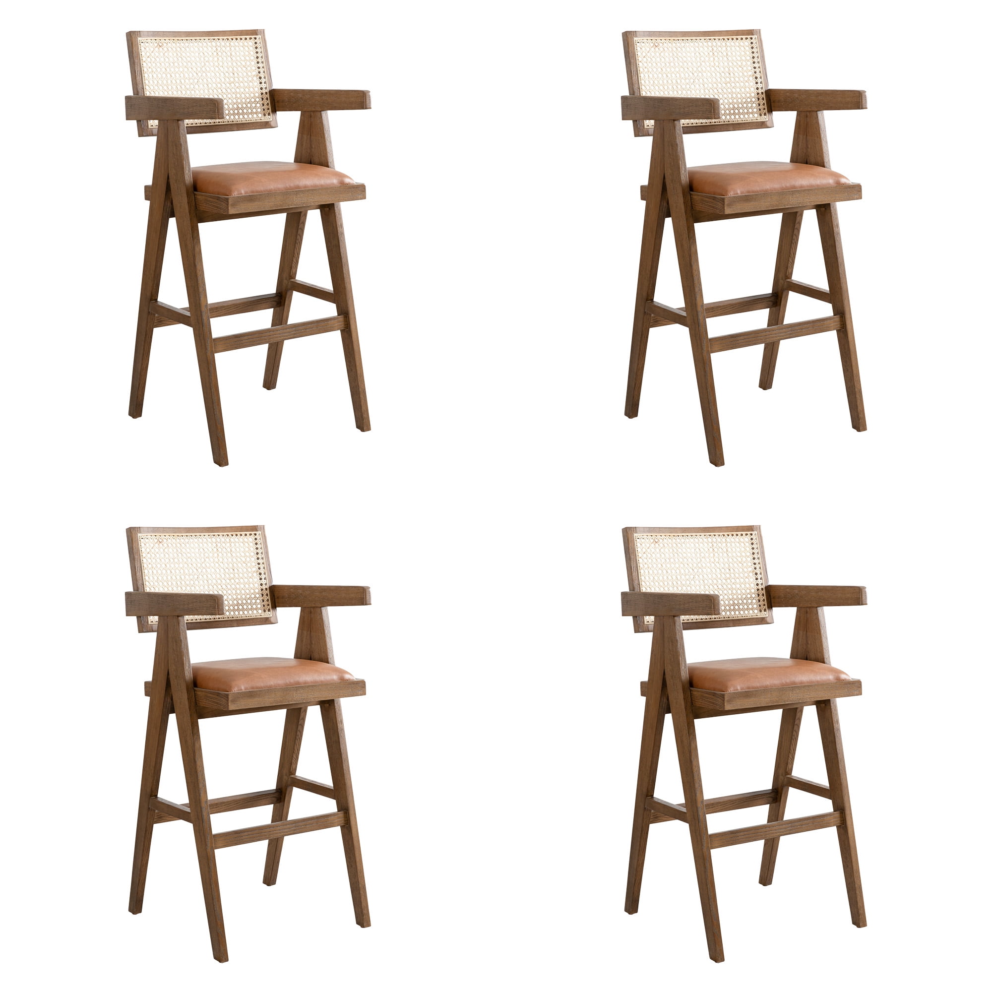 Harley Nutmeg Brown Solid Wood and Rattan Upholstered 30" Bar Height Barstool with Red/Brown Faux Leather Seat - Set of 4