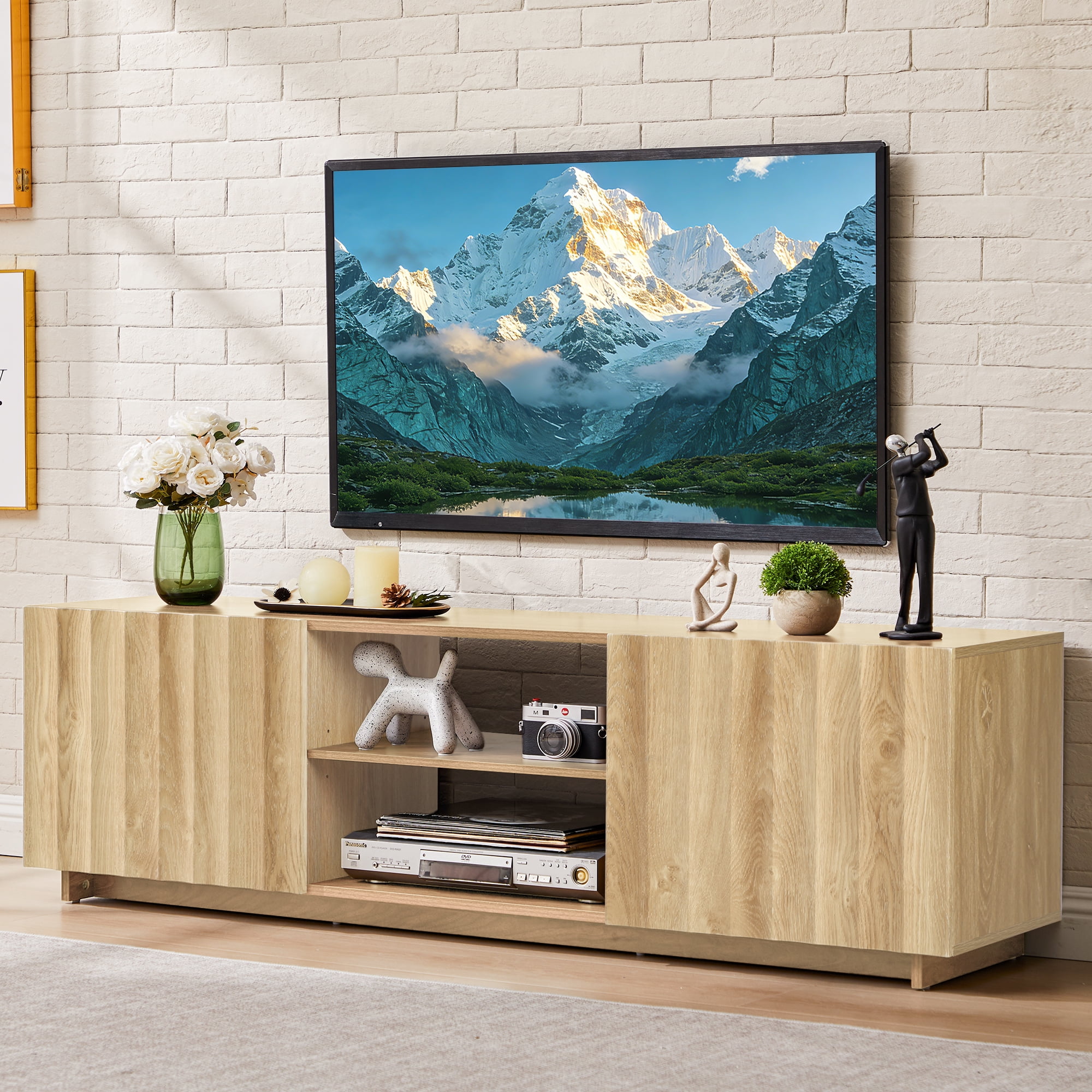 LEFHDA Fluted 61" TV Stand for TVs up to 75", Mid Century Modern Entertainment Center with 2 Doors & Adjustable Shelves, Wood Media Console Table for Living Room, Bedroom (Oak)
