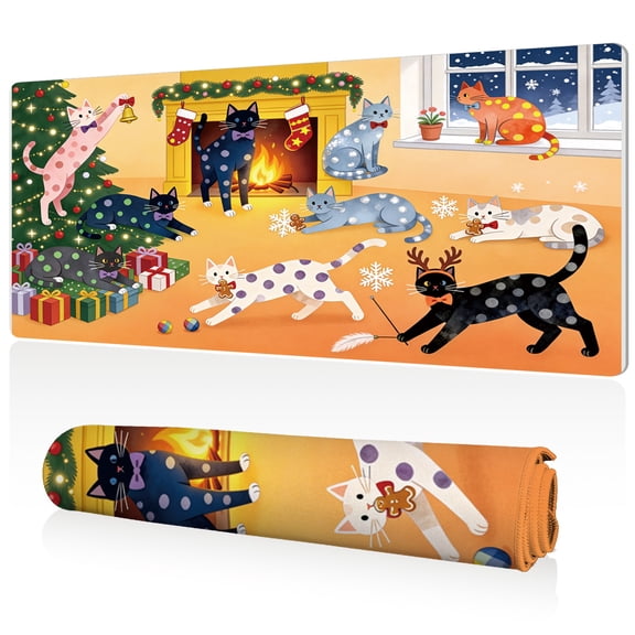 LIVEKEY Extra Large Mouse Pad 80x40x0.3cm Christmas Cats with Tree and Fireplace Scene Full Desk Coverage Non Slip Durable Easy Clean Stitched Edges for Gaming and Office