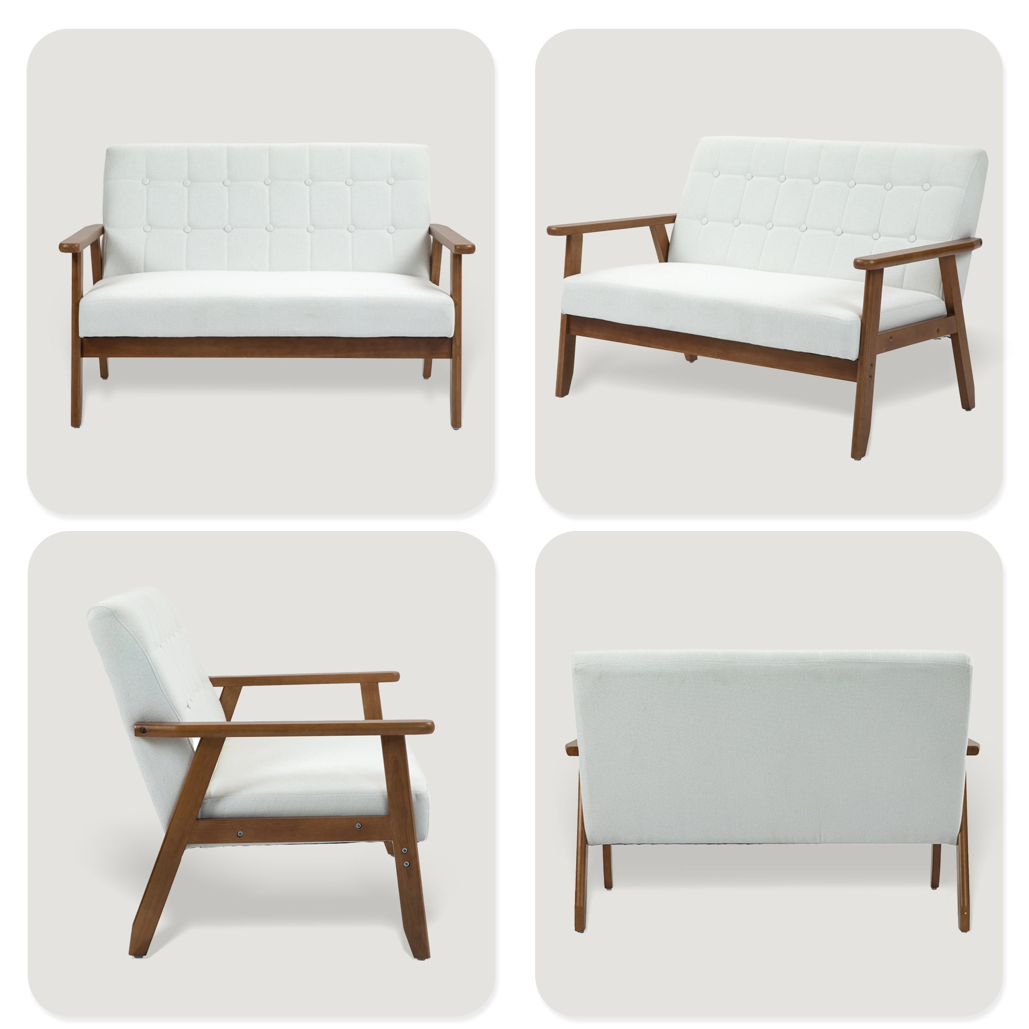 Miniyam Mid Century Modern Loveseat,2-Seat Linen Fabric Upholstered,Reading Couch,Accent Sofa,White