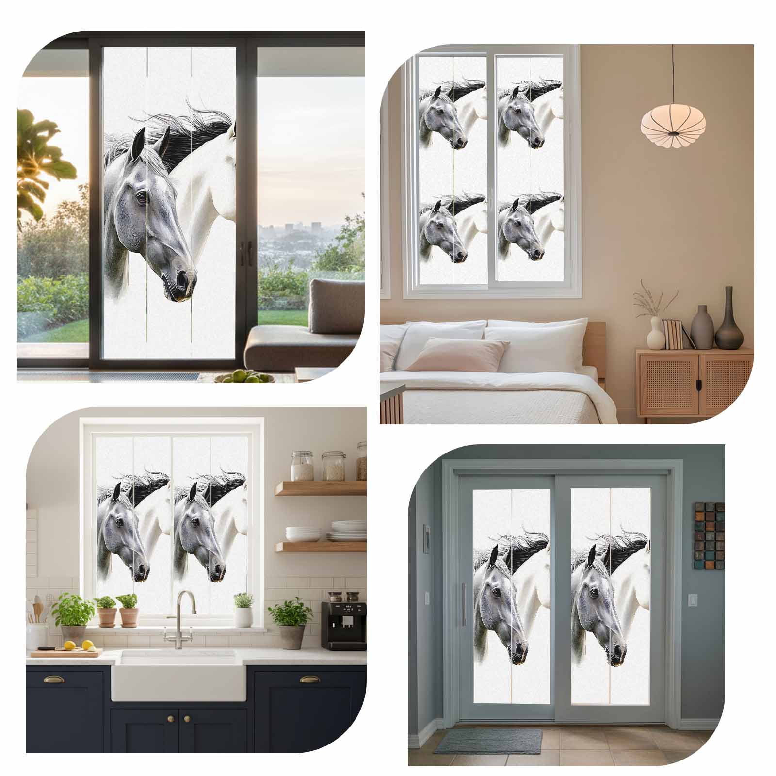 Horse Print Window Privacy Film, Modern Watercolor Grey White Animals Static Cling UV Sun Blocking Heat Control Window Tint Day and Night, Non-Adhesive One Way Windows Privacy Cover 17.7''x78.7''
