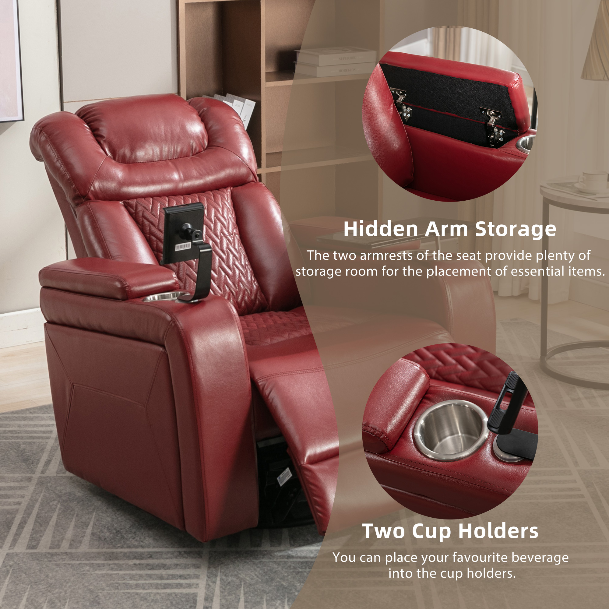Euroco 270 Degree Swivel PU Leather Power Recliner Individual Seat Home Theater Recliner with Tray Table, Phone Holder, Cup Holder, USB Port, Hidden Arm Storage for Living Room, Red