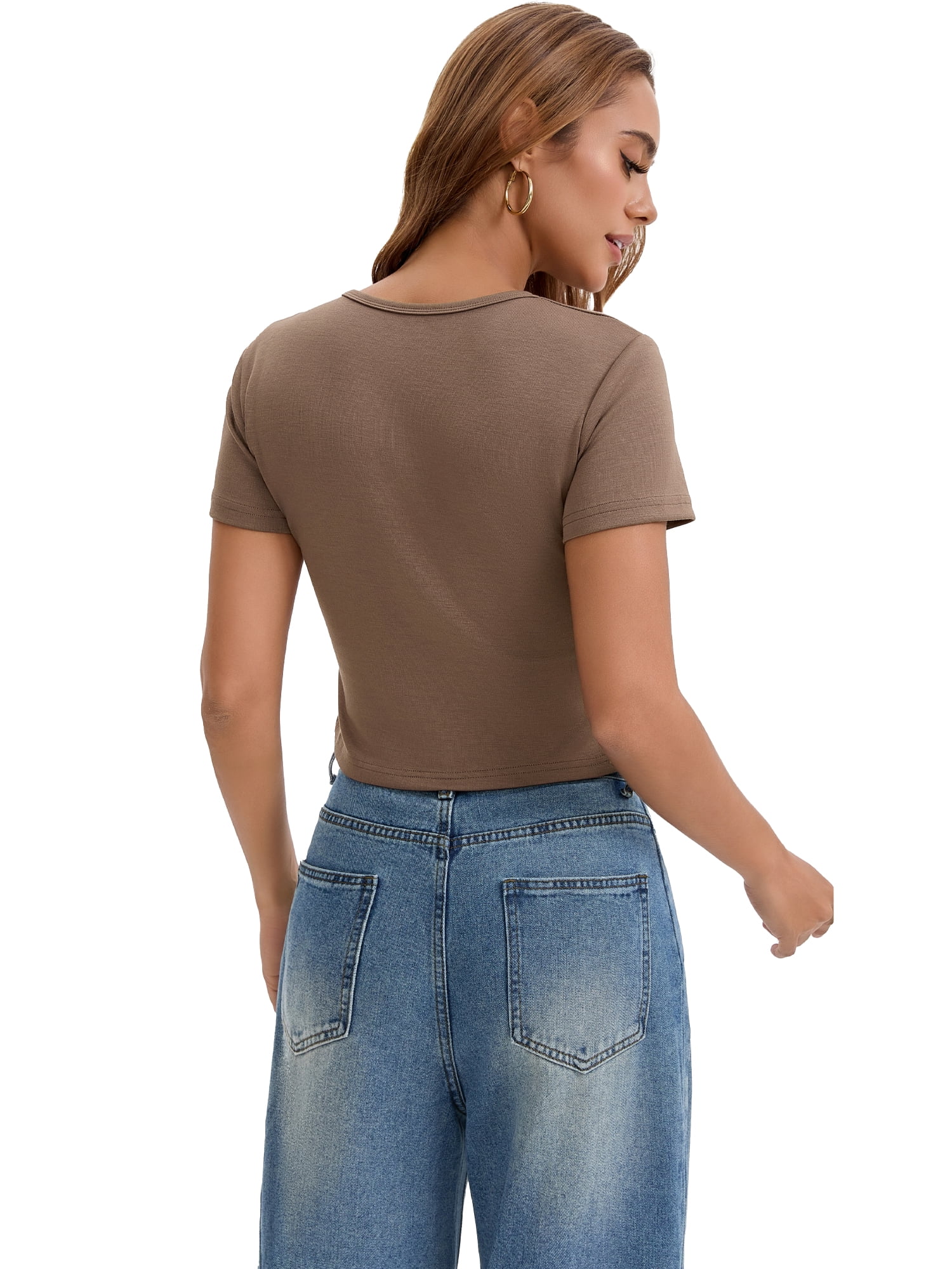 DARING DIVA Women's Cropped Basic Tees with Short Sleeves and Crewneck XL Brown