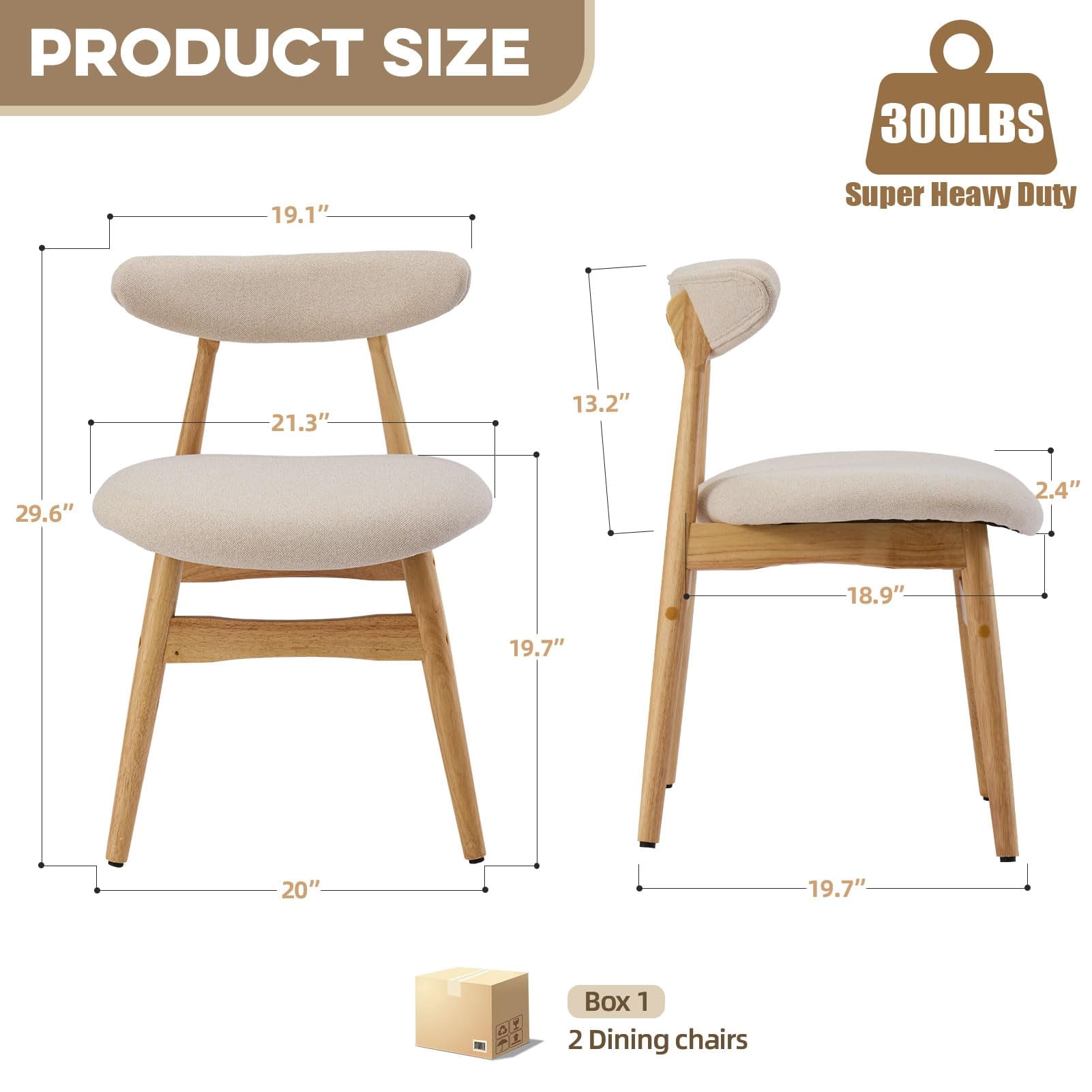Upholstered Dining Chairs Set of 2, Lumbar-Ergonomic Backrest Chairs with Adjustable Foot Pads