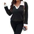 thumbnail image 2 of Suéter de Punto Informal de Talla Grande para Mujer, Cuello en V, Solapa, Color Liso, Camisa de Larga. y Negro 4XL, 2 of 7