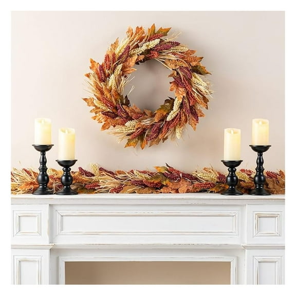 24" D Fall Sorghum Wreath with Metal Hanger, Harvest Wreath for Front Door, Fall Door Wreaths for Indoor Outdoor Thanksgiving Harvest Holiday Decorations
