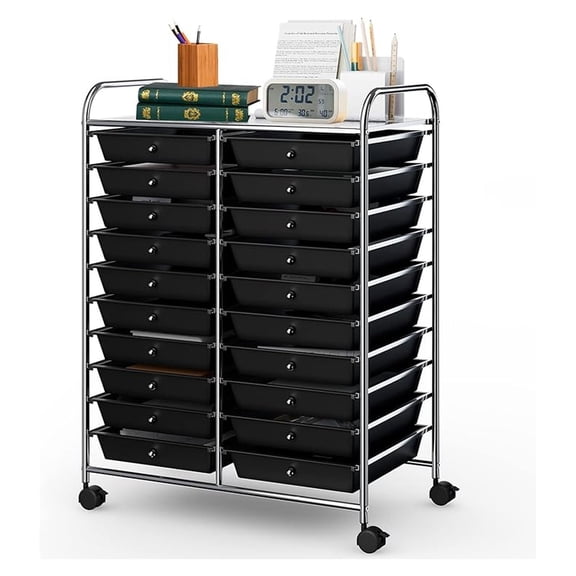 20-Drawer Rolling Storage Cart, Art Cart Organizer on Wheels, Metal Frame and Removable Drawers, Multipurpose Mobile Utility Cart for Classroom, Office, School, Home (Black)