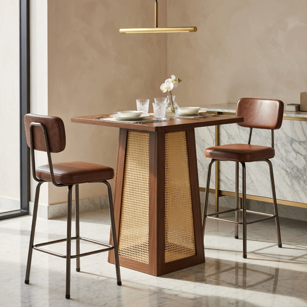 Hommoo 31.5 Inch Square Counter Height Bar Table with Wood Top & Rattan Base, Pedestal Pub Table for Kitchen Island, Breakfast Nook, Small Apartment or Patio, Walnut