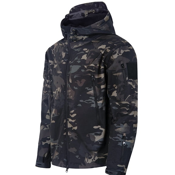LTTVQM Men's Hooded Waterproof Jacket Camo Lightweight Soft Shell Outdoorcoat Hiking Travel Camouflage L