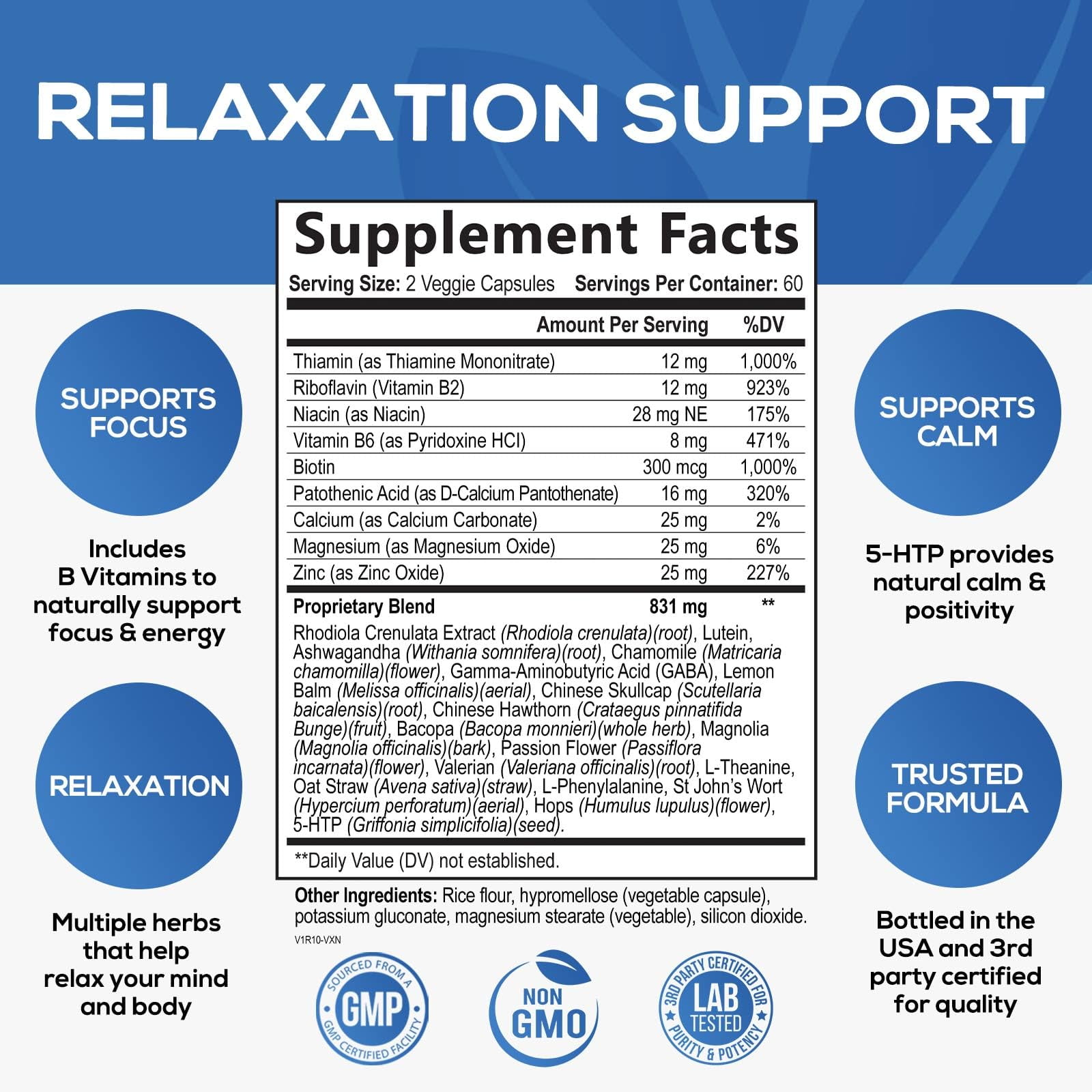 Natural Calm, Unwind & Relax Support - Ashwagandha, GABA, Magnesium, L-Theanine & More - Natural Focus, Energy & Immune Support - Nature's Non-GMO, Vegan, Gluten Free, Bottled in USA - 120 Capsules