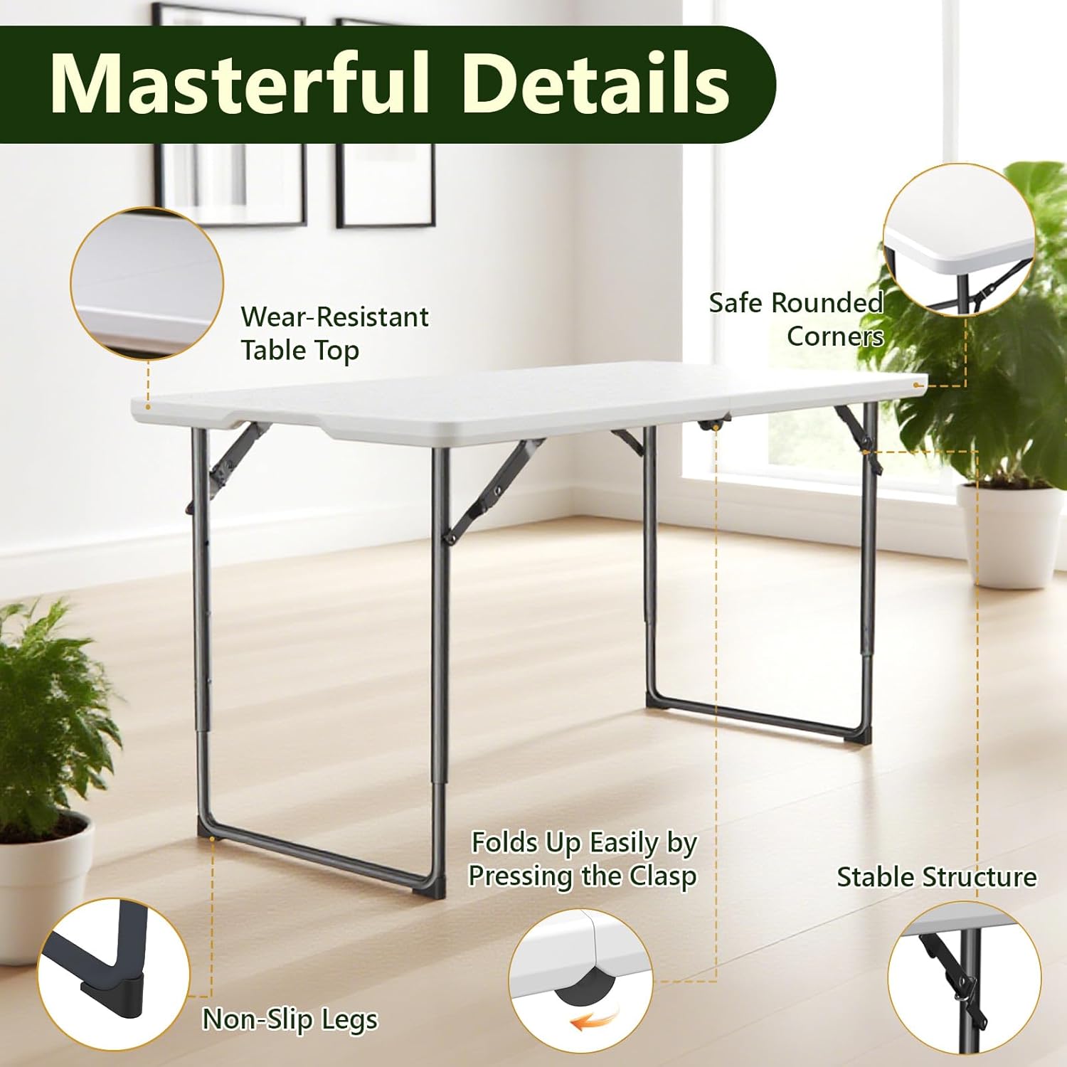 Decksplore Folding Table 4ft - Heavy Duty Fold-in-Half Plastic Table with Adjustable Height, Portable Utility Tables with Steel Legs for Picnic, Camping, Dining, Party