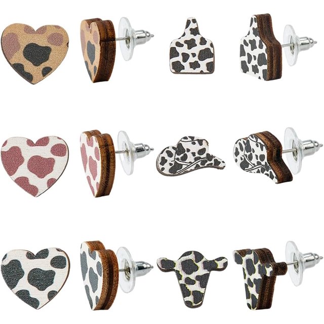 6 pares de pendientes de vaquero con dijes de vaquero occidental, dijes de sombrero de vaca, dijes de corazón, postes de madera, dijes de madera natural, pendientes de madera con tachuelas.
