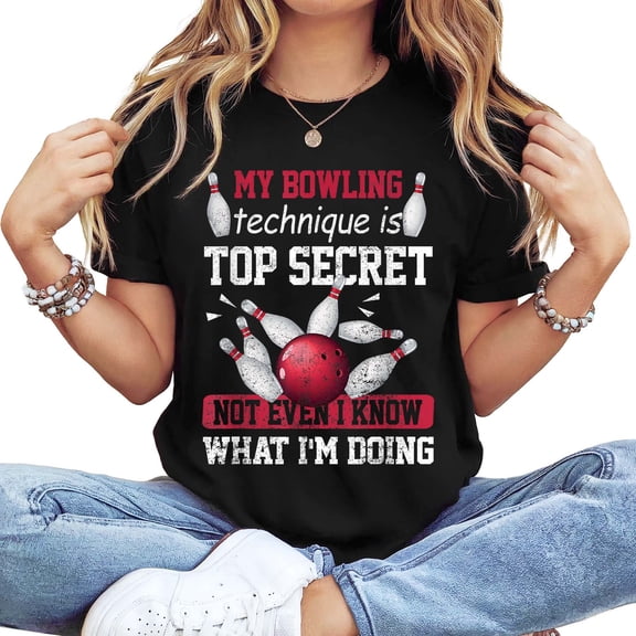 Women's Long Sleeve T-Shirt, "My Bowling Technique is Top Secret" Print, Black Casual Graphic Top