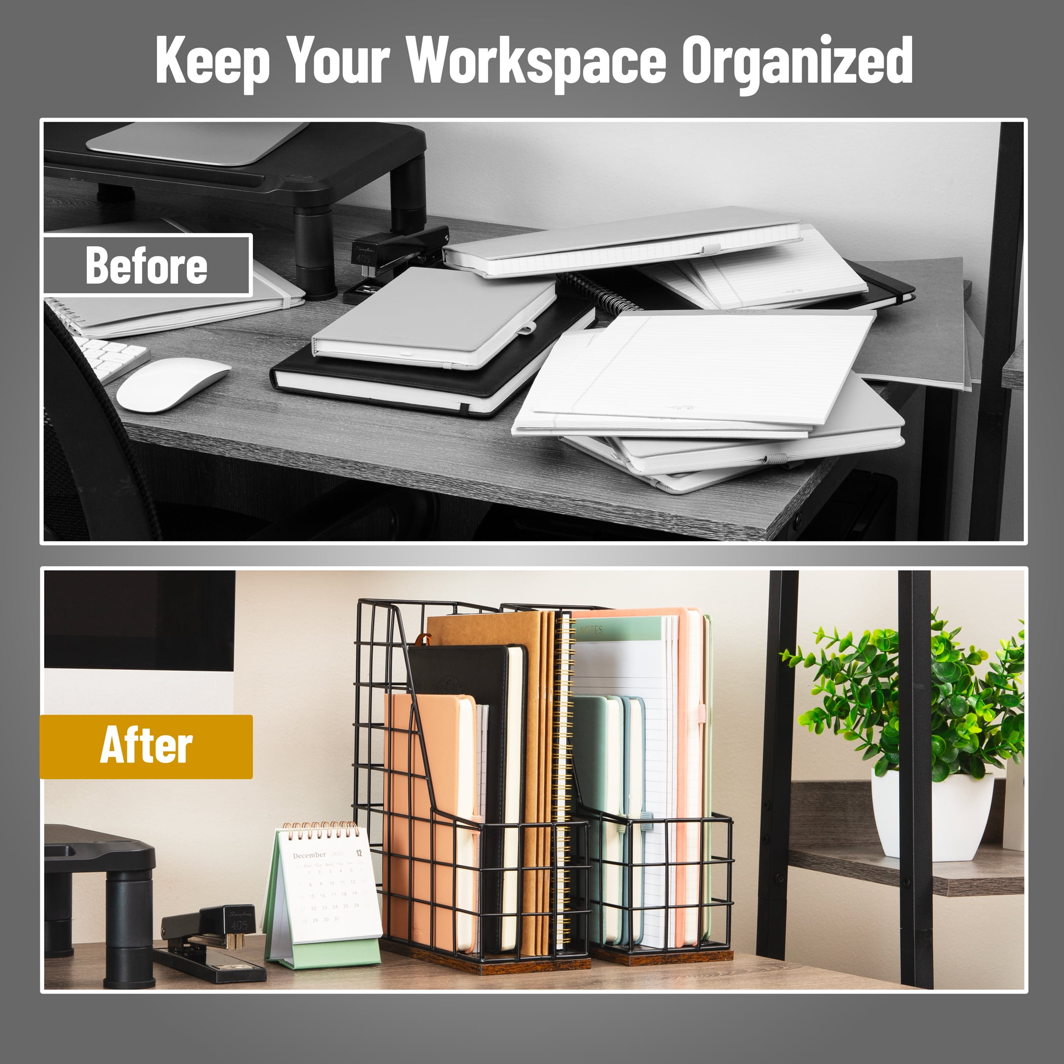 Mind Reader Vertical File Organizer with Wood Base and Black Metal Frame, Desktop Magazine Holder, Modern File Rack, Metal and Wood, Black