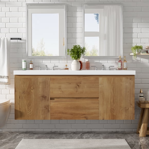 GOWE [Video]59.3 Inch Double Sink Bathroom Vanity with SMC Top, MDF Cabinet, Sof 59.3" Double Sink Vanity – Ideal for shared bathrooms, offering two integrated sinks for simultaneous use. SMC Counte