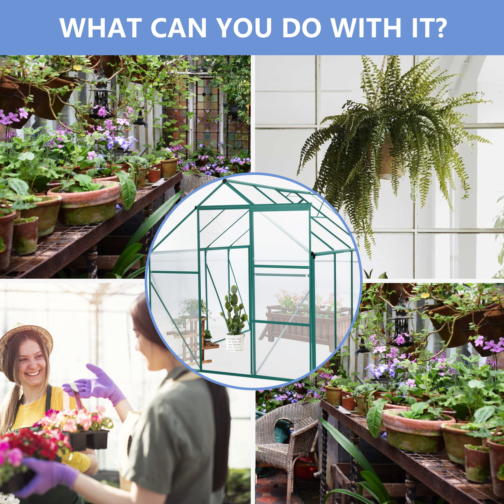 Enyopro 6 x 8 Walk-in Greenhouse Kit for Outdoors, Polycarbonate Green House with Sliding Door, Rain Gutter & Aluminum Frame, Large Plant Grow House for Backyard, Patio, Garden