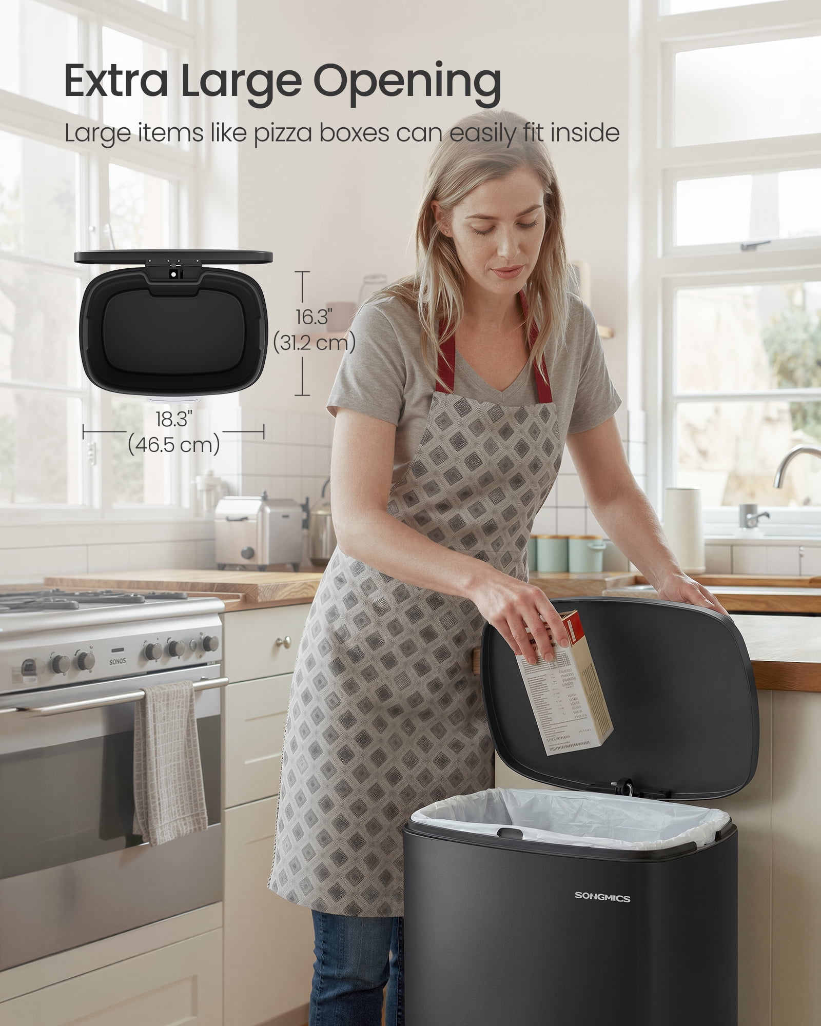 SONGMICS 20-Gallon (75 L) Trash Can, Stainless Steel Kitchen Garbage Can, Soft Close, Step-On Pedal, Removable Inner Bucket, Black