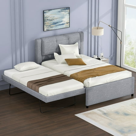 Euroco Upholstered Full Platform Bed with Pop-up Twin Trundle for Bedroom, 2 Beds in One, Gray