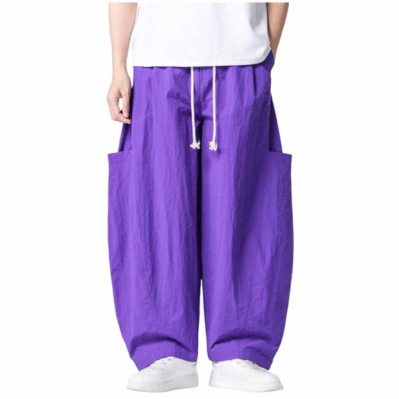 SAWOBUUN Mens Casual Barrel Pants Wide Leg Elastic Waist Drawstring Loose Fit Trousers Casual Summer Streetwear with Side Pockets