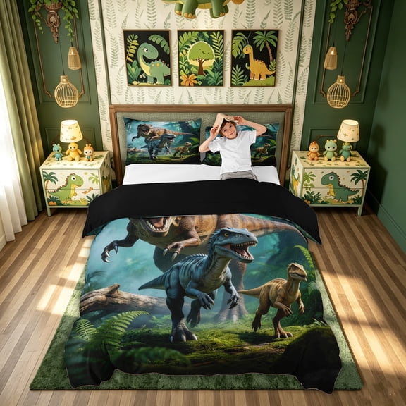 meiyoeat Forest Dino Bedding for Boys Men Kids, Farmhouse Animal Duvet Cover Full, Green, Black Reversible, 3-Piece, 1 Duvet Cover and 2 Pillowcases