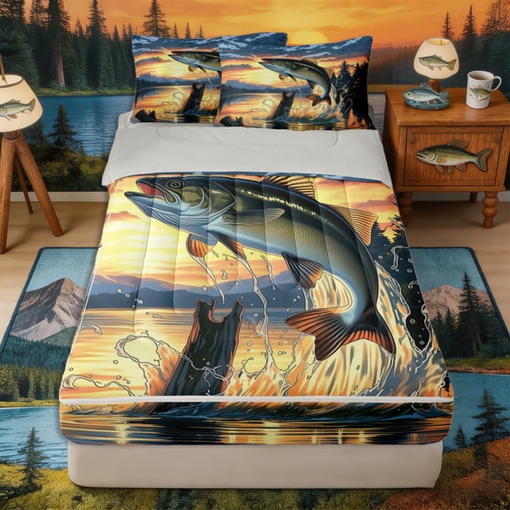 Castle Fairy Retro Lake Bass Print Zipper Twin Comforter Sets with Fitted Sheet and 2 Pillowcases,Jumping Fish Pine Sunset Landscape Art Zipper Bedding Set,Orange Navy,Grey Reversible,4-Piece